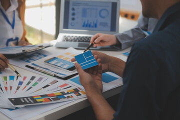 Close up ux developer and ui designer use augmented reality brainstorming about mobile app...