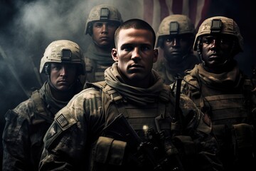 Fototapeta premium Group of us army soldiers, soldiers with weapon pose for photo, men in modern uniform. Portrait of group of military, Ai generated
