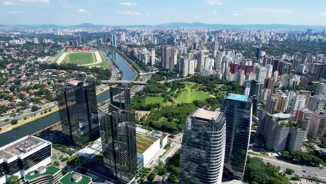Marginal Pinheiros At Sao Paulo Brazil. Cultural Heritage High Rise Buildings. Business Clouds Sky Downtown Cityscape. Business Outdoors Downtown Backgrounds Panoramic.