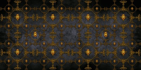 Baroque wallpaper with golden motifs and a gold bug on old dark background. Printable. CMYK color. Free-hand digital painting.