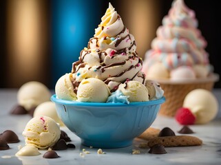 Colorful Fresh Fruity Sweet Dessert Ice Cream Bowl On The Table, Butter Creamy Cone Ice Cream, Chocolate Chip Cookies, Mango, Mint, Strawberry, Maple, Moose, Pistachio Ice Cream Generative AI