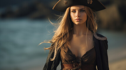 Portrait of a female pirate standing confidently, with wind tousling her hair and the sea...