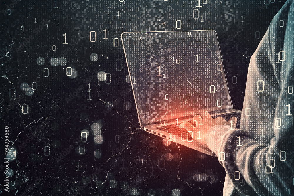 Poster Close up and side view of hacker hands using laptop while standing on abstract dark hacking background with bokeh circles and binary coding. Malware and phishing, data theft concept.