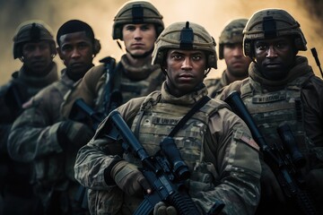 Group of us army soldiers, soldiers with weapon pose for photo, men in modern uniform. Portrait of group of military, Ai generated