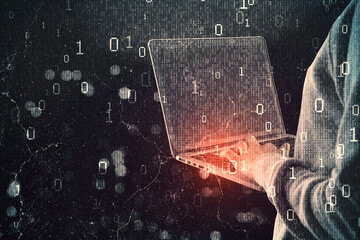 Close up and side view of hacker hands using laptop while standing on abstract dark hacking background with bokeh circles and binary coding. Malware and phishing, data theft concept.