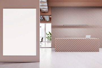 Reception area with wooden slat wall, white poster mockup. Minimalist office design. 3D Rendering