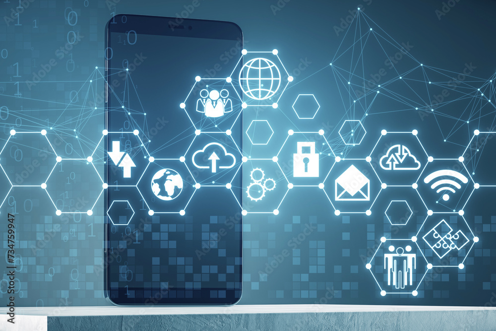 Aufkleber Close up of smartphone with creative digital hexagonal pattern with various business icons on blurry polygonal background. Digital dashboard and data concept. 3D Rendering.