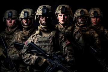Group of us army soldiers, soldiers with weapon pose for photo, men in modern uniform. Portrait of group of military, Ai generated
