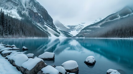 Serene winter landscape, snow-capped mountains with reflection in crystal blue lake. perfect for calm backgrounds and natural scenes. AI