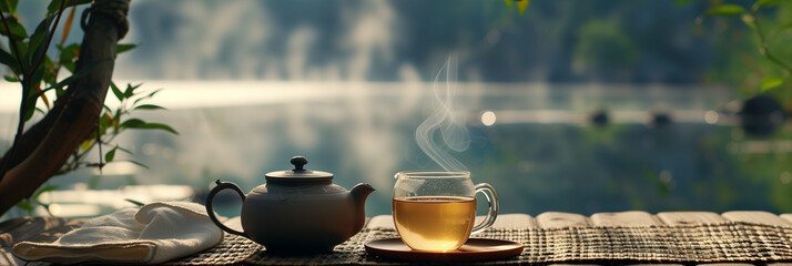 A serene natural backdrop sets the stage for a teapot and cup of tea on the table, offering a moment of tranquility and connection with nature - obrazy, fototapety, plakaty