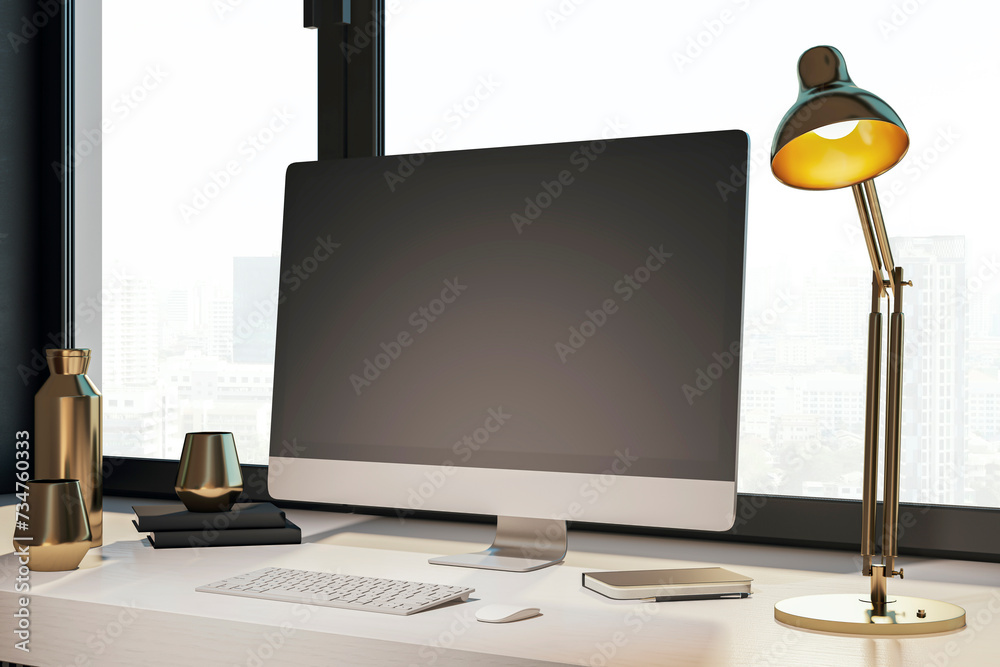 Poster Contemporary designer desktop with empty computer monitor, lamp, supplies and other items. Window with city view in the background. Mock up, 3D Rendering.