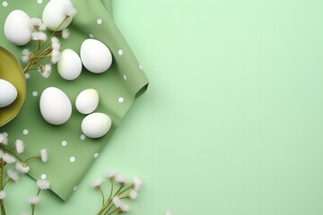 Easter banner with eggs and napkin on a green background,