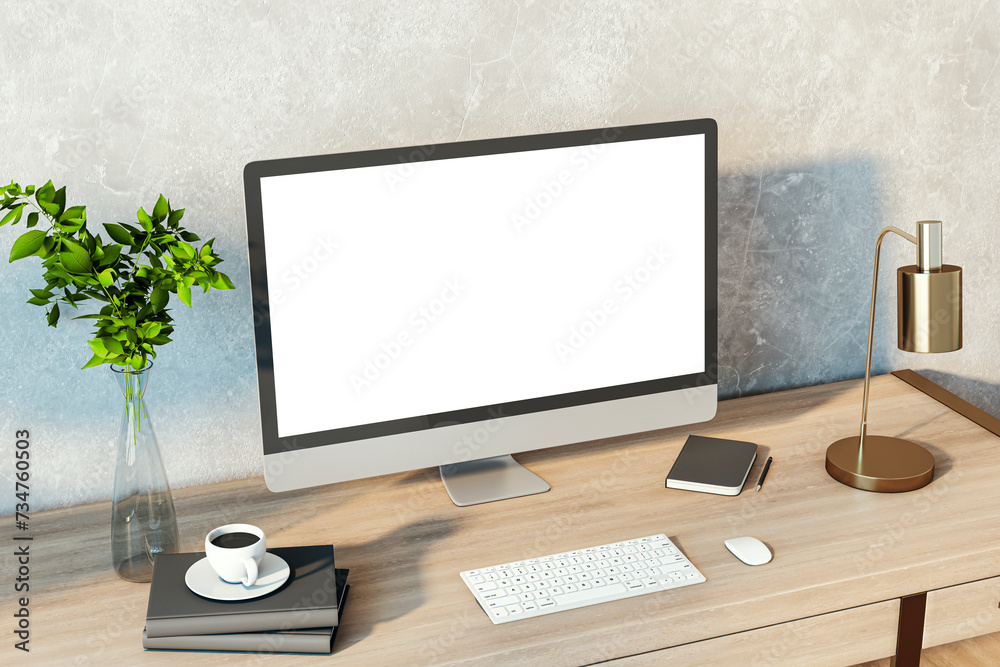 Poster creative designer desktop with empty white computer monitor, lamp, supplies and other items. concret