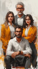 Obraz premium The image depicts a stylized illustration of four people, possibly a family, with expressive poses and attire