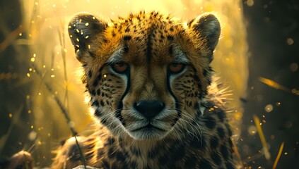 Majestic cheetah gazing forward amidst golden light dust, symbol of speed and grace. captivating wildlife portrait. AI