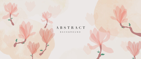Abstract spring floral art background vector illustration. Watercolor hand painted botanical flower, leaves and nature background. Design for wallpaper, poster, banner, card, print, web and packaging. - 734760733