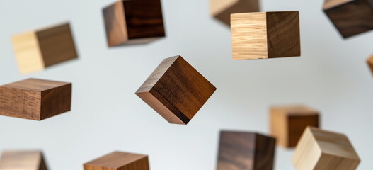 group of wooden blocks, neutral grey background. clustered fall.