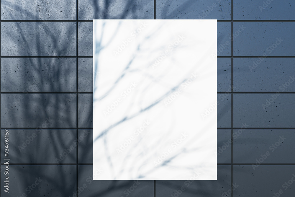 Poster creative outdoor dark tile wall with tree shadow and white mock up banner. urban design concept. 3d 