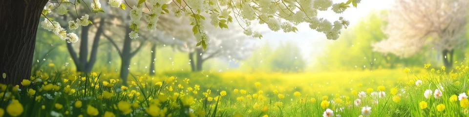  spring equinox banner concept, gentle touch, white blossoms over a meadow of wildflowers with space for text or product © pier