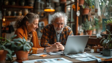 Obraz premium Two older individuals are smiling and looking at a laptop in a cozy, plant-filled interior