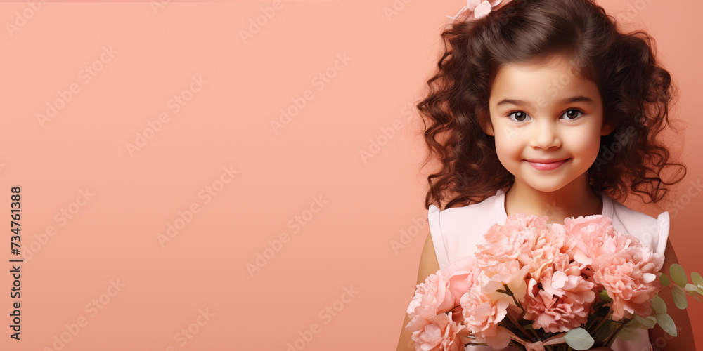 Wall mural Banner with cute smiling girl holding flowers and copyspace.