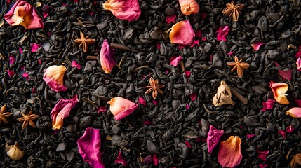 Vibrant loose tea blend with rose petals and spices on dark background. perfect for relaxation. culinary and aesthetic pleasure. AI