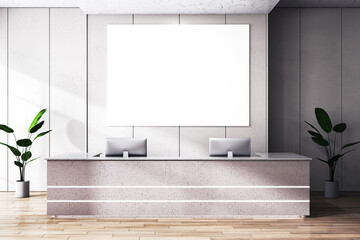 Contemporary wooden and concrete office interior with empty white mock up banner, reception desk and sunlight. 3D Rendering.