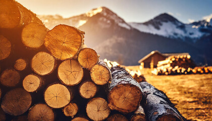 Timber storage background texture. Firewood stock, alternative energy cheap heating