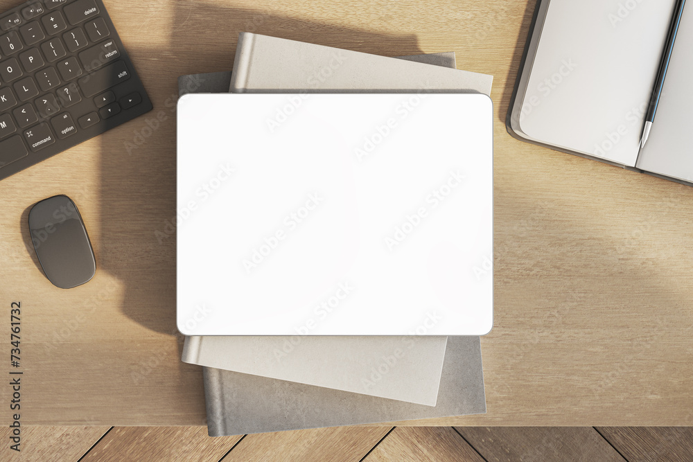 Poster top view of empty white tablet on wooden office desk with supplies and equipment. mock up, 3d render