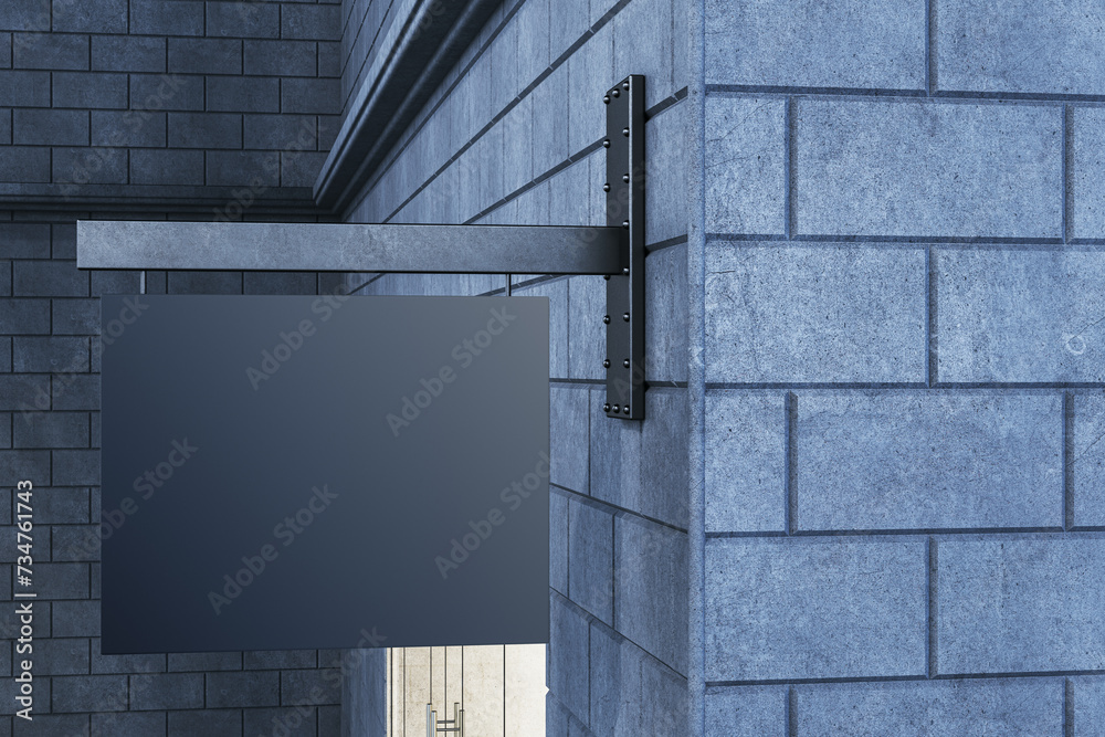 Poster Empty black mock up stopper on gray outdoor tile wall background with shadows. Advertisement and pub concept. 3D Rendering.