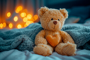 Teddy bear on a bed with a love heart, evening lighting