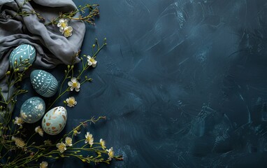 Easter banner with painted eggs and napkin on dark blue background