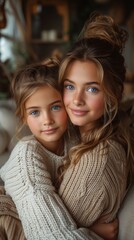 Fototapeta premium Two girls with blue eyes and blonde hair are embracing, wearing cozy sweaters, sharing a moment