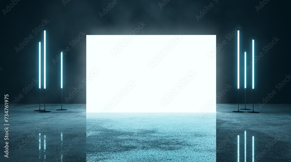 Poster Blank glowing display against dark backdrop with blue lights and reflection. Presentation concept. 3D Rendering