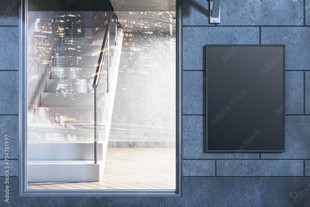 Poster Modern nighttime glass storefront in concrete tile building with empty black mock up banner and tree shadows. 3D Rendering.
