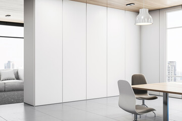Modern meeting room interior with blank mock up place on wall, furniture and panoramic window with city view. 3D Rendering.