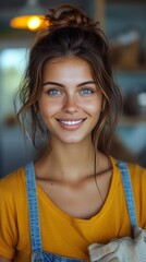 A smiling woman with blue eyes, wearing a yellow top and denim overalls, indoors, with warm lighting