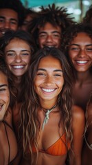 A group of joyful young people with curly hair smiling closely together, radiating happiness and friendship, generative ai