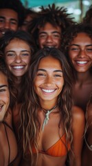 Obraz premium A group of joyful young people with curly hair smiling closely together, radiating happiness and friendship, generative ai