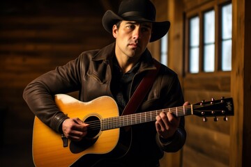 Obraz premium 36-year-old male Canadian country singer with a guitar, performing at a barn dance