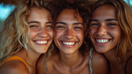 Fototapeta premium Three happy young individuals with curly hair smiling closely for a vibrant, heartwarming, and intimate photo, generative ai