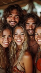 A group of five young adults smiling joyfully, possibly friends, close together, looking at the camera, generative ai