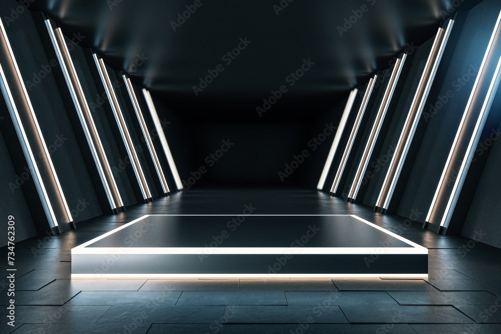 Poster modern spacious dark tunnel interior with pedestal and mock up place. 3d rendering.