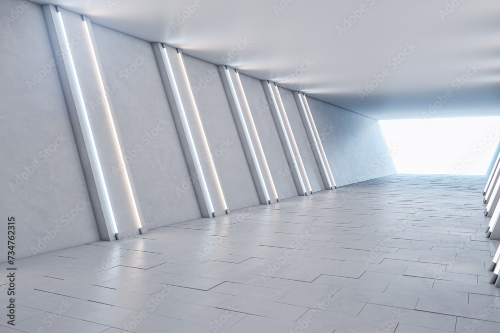 Poster side view of modern spacious light tunnel interior with mock up place. 3d rendering.