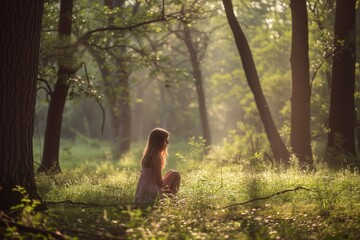 girl in a peaceful forest clearing, soft morning light