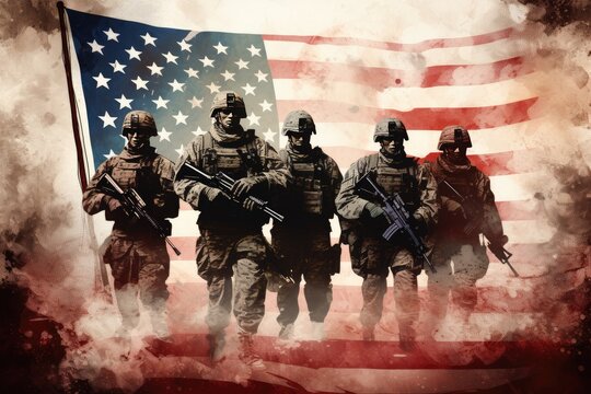 A powerful image of a group of soldiers united over us flag, soldiers with weapon pose for photo, men in modern uniform. Portrait of group of military, Ai generated