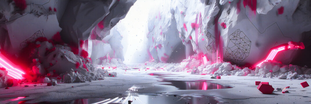 Majestic ice caverns, showcasing the serene beauty of natures frozen sculptures, illuminated in ethereal light