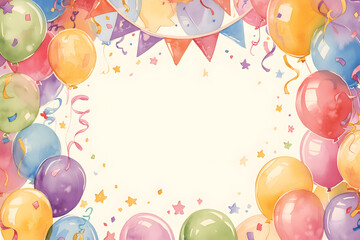 Cute cartoon colorful balloons frame border on background in watercolor style.