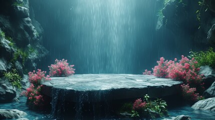 A serene waterfall cascades onto a rocky ledge surrounded by lush pink flowers and misty ambiance, generative ai - Powered by Adobe