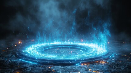 A glowing blue magical circle radiates light and energy on a dark surface with mystical fog,...